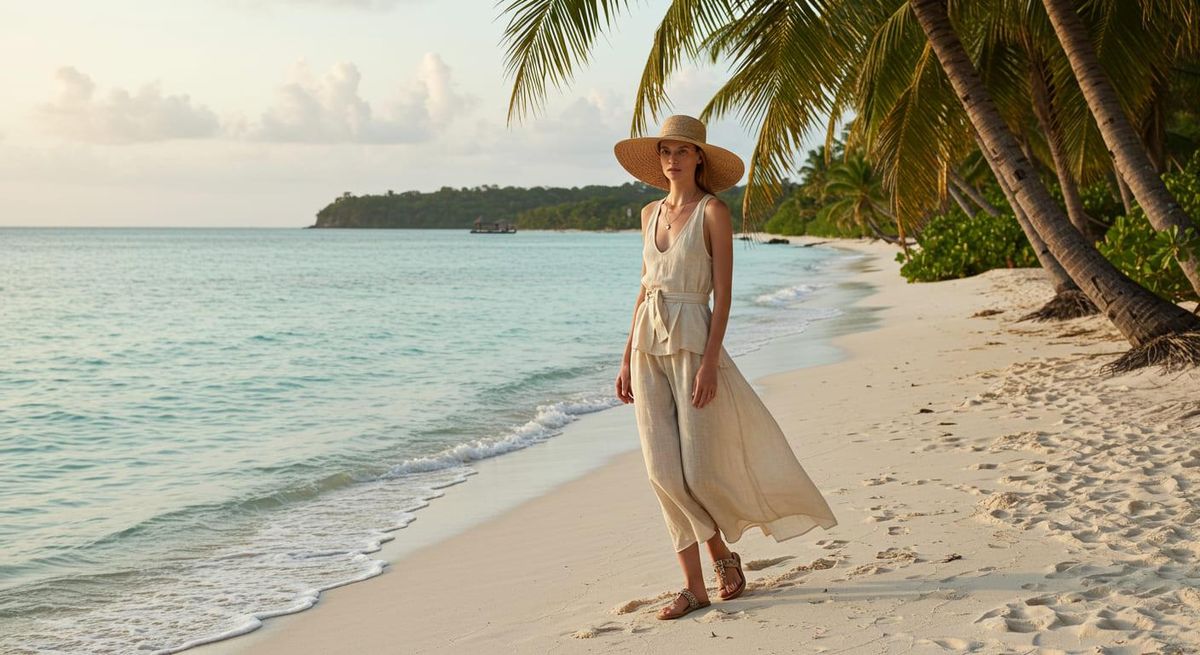 A figure in pale linen walking the white sand shoreline of a quiet palm-lined beach