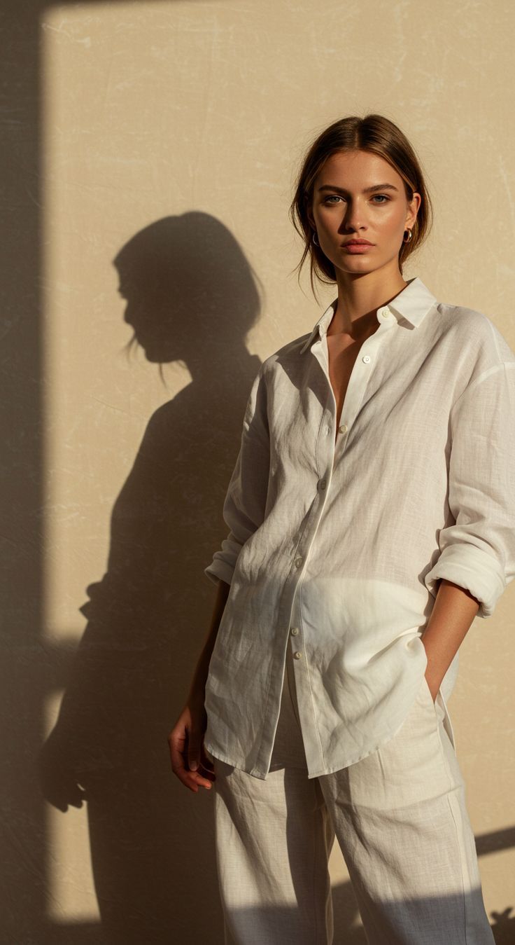 Woman in a white linen shirt in low afternoon sun, her shadow falling on a warm plaster wall